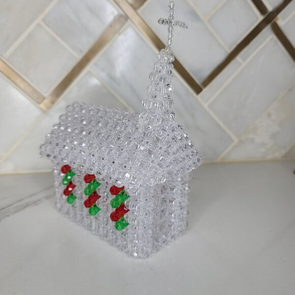 Handcrafted Beaded Church With Cross Clear Red & Green Beads sparkle table decor - Picture 8 of 9